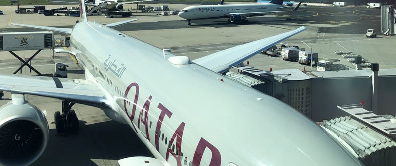 Unser Flugzeug auf dem Testflug: Eine Boeing 777 von Qatar Airways.