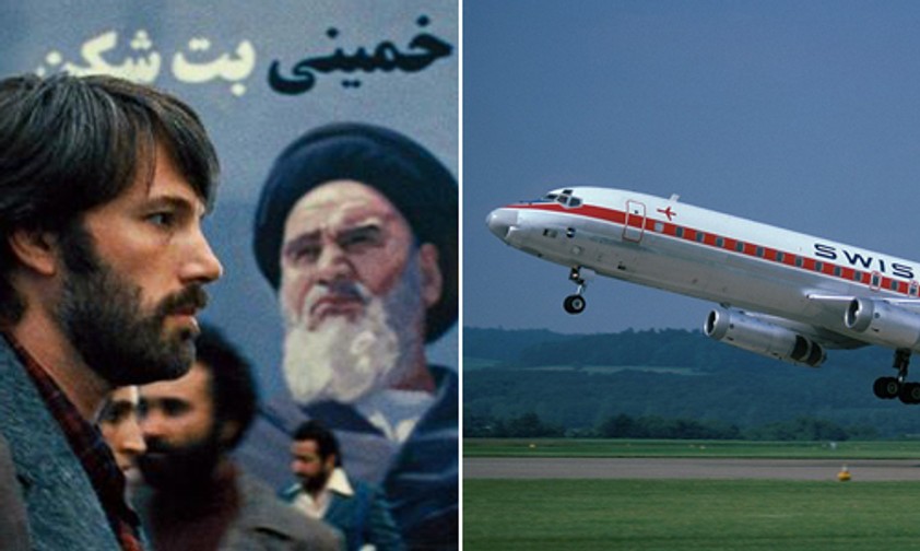 Szene aus «Argo» mit Ben Affleck und die wirklich eingesetzte DC-8 der Swissair.