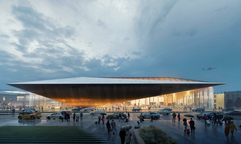 Visualisierung der neuen Ankunftshalle: Entworfen hat das Gebäude Zaha Hadid Architects.