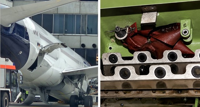 Die auf der Nase liegene Boeing 787, vergessener Verriegelungsstift: kleines Teil, großer WIrkung.