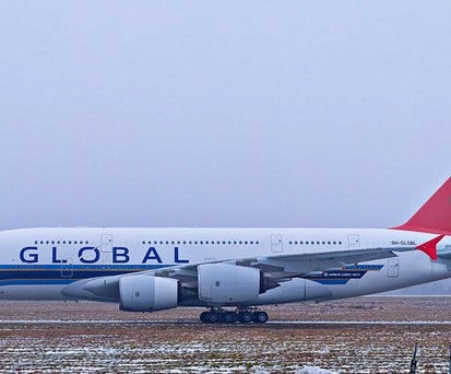 Airbus A380 von Global Airlines: Nun trägt das Leitwerk das neue Design.
