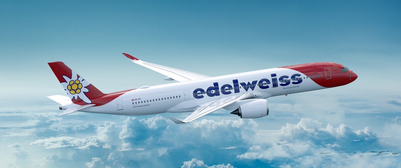 Airbus A350 von Edelweiss in neuer Bemalung. Ausgeliefert werden die sechs Flugzeuge in folgender Reihenfolge: HB-IHF, HB-IHC, HB-IHB, HB-IHA, HB-IHD und zuletzt HB-IHE.