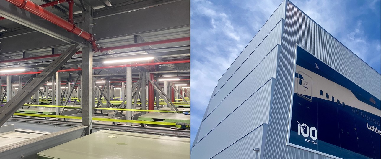 Das neue Hochregallager von Lufthansa Cargo von innen und außen.