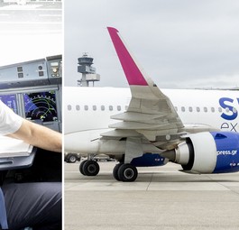 Konstantinos Iliakis und ein Sky-Express-Jet in Düsseldorf: Der Airline-Chef steuerte den Erstflug selbst.