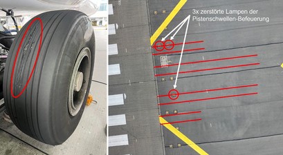 Beschädigter Reifen, spuren und zerstörte Lampen: Ein Airbus A380 von Lufthansa setzte in München zu früh auf.