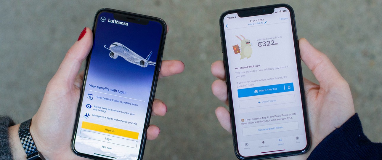 Apps von Lufthansa und Hopper: Ein Ziel suchen, ein anderes buchen.