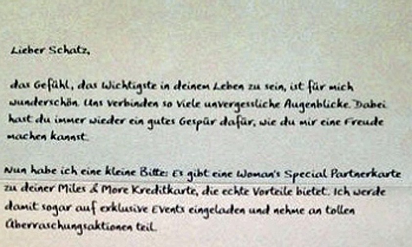 Lufthansa (2012): Ein wohl als Parodie gemeinter Brief einer Frau an ihren Mann wurde rasch als sexistisch und dumm taxiert. Die Kampagne wurde gestoppt.