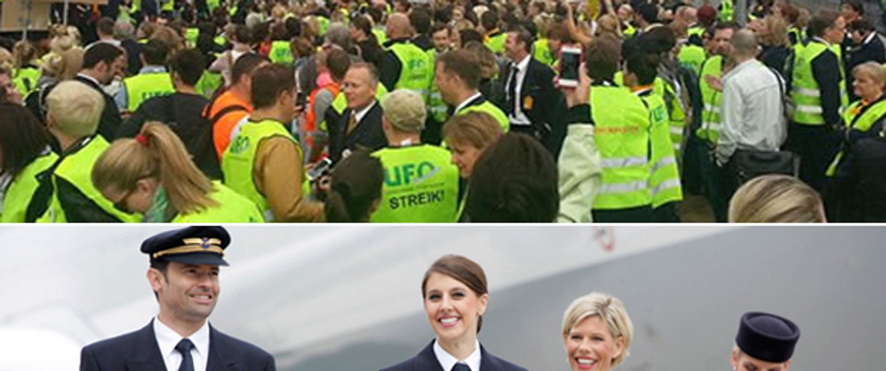 Lufthansa-Mitarbeiter am Streik (oben) und in der Werbung: Unzufrieden.