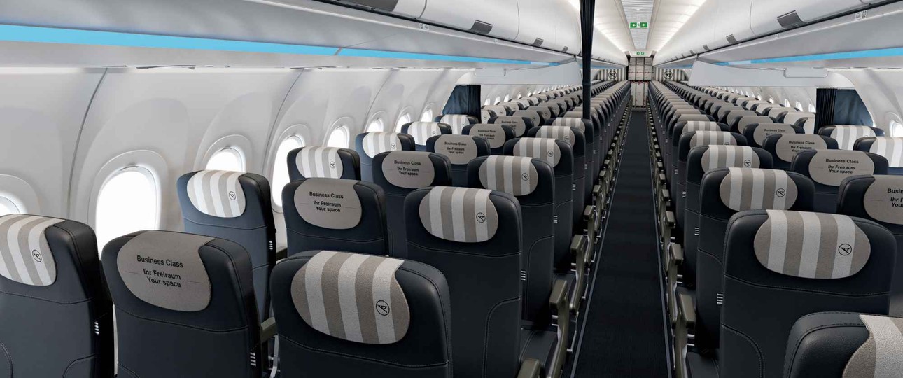 Erster Blick in die Kabine: Die Business Class im neuen Airbus A320 Neo von Condor.