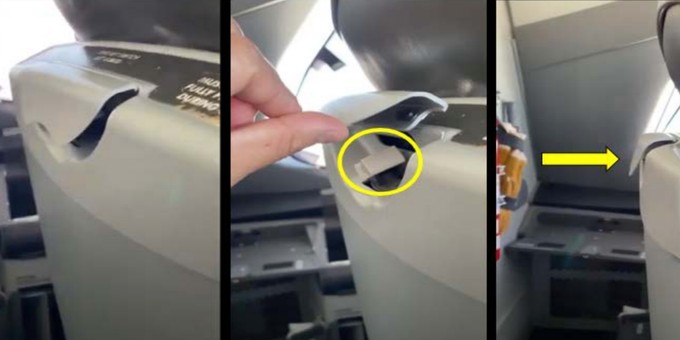 Der linke Sitz im Cockpit der Boeing 787 von Latam: Zu sehen ist, dass sich der Schutz (gelber Pfeil) über dem Schalter samt Schalterkappe (Kreis) nicht ganz schließen lässt.