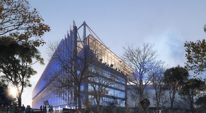 Die Fassade der Südtribüne: Rumpfteile des Airbus A340 schützen vor der Sonne.