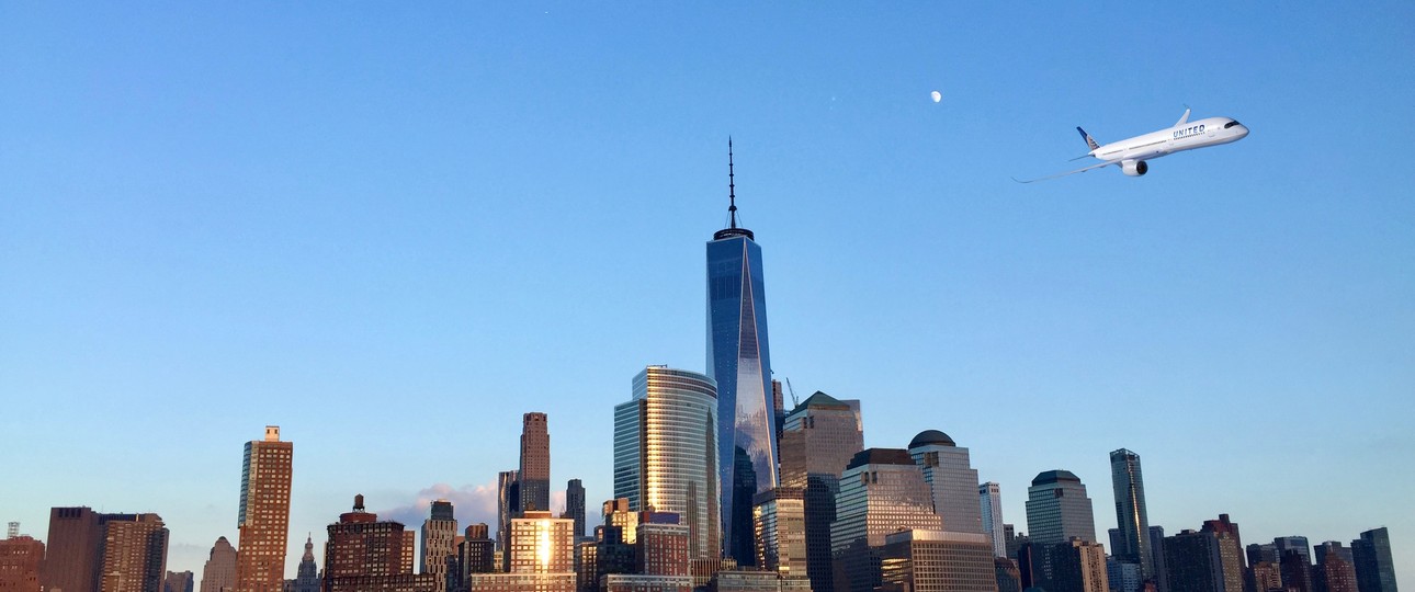 Airbus A350 in Farben von United über New York: Wird wohl keine Realität.
