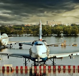 Boeing 747 stehen auf einem überfluteten Vorfeld: Starkregen wird in den meisten Regionen Europas zunehmen.