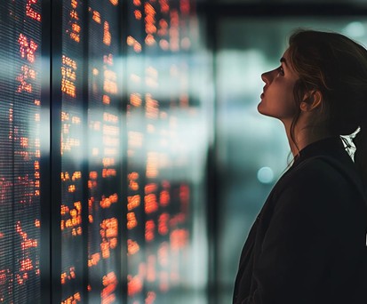 Frau vor Anzeigetafel: Langsam gehen Airlines die Zahlen aus.