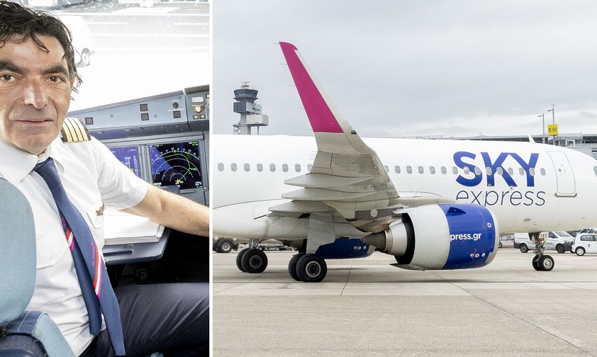 Konstantinos Iliakis und ein Sky-Express-Jet in Düsseldorf: Der Airline-Chef steuerte den Erstflug selbst.