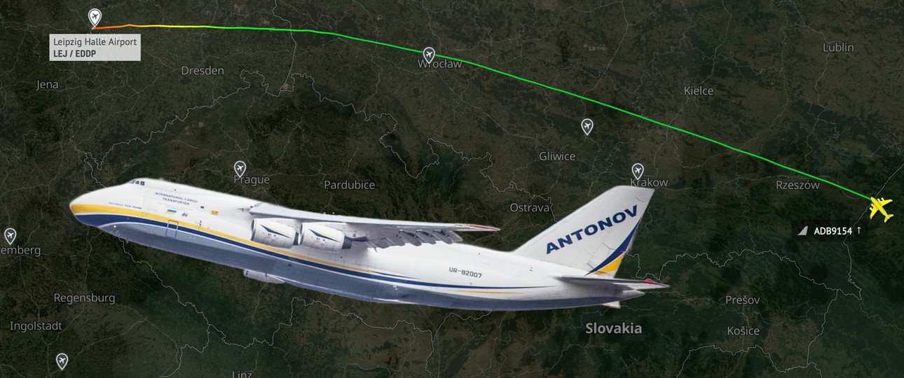 Eine Antonov An-124 von Antonov Airlines (hier im Bild eine andere) und der Flugverlauf: Aus der Ukraine nach Leipzig.