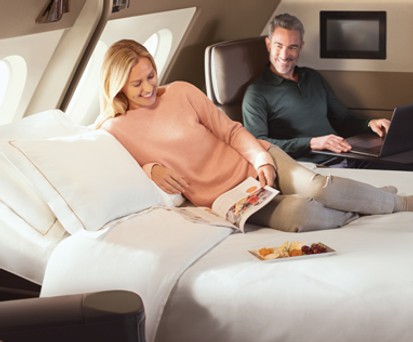 Die neue First-Class im A380 von Singapore Airlines: Die ersten beiden Suiten können in eine mit Doppelbett umgewandelt werden.