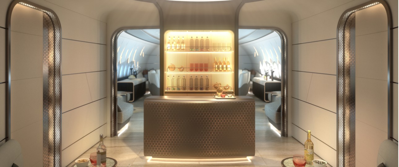 Willkommen in Lufthansa Techniks Luxus-Kabine für die BBJ 777-9: Es geht Los in der Lounge.