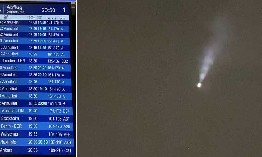 Stornierte Abflüge auf der Anzeigetafel und - wenn auch nur zu erahnen - Eurowings-Flug EW9757 von Wien, nach Stopp in Paderborn hier auf dem Weg nach Düsseldorf.