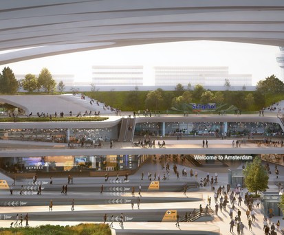 Darstellung eines künftigen Hyperloop-Bahnhofs am Amsterdamer Flughafen: Die Royal Schiphol Group glaubt an die Technologie.