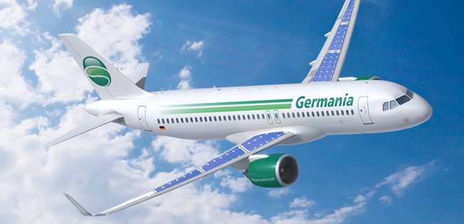 <strong>Germania:</strong> Die deutsche Fluglinie meldet sie habe zusammen mit Airbus den A320-Neo-Solar entwickelt. 250 Quadratmeter polykristalline Solarzellen sorgten für 100 Prozent Ökostrom. 2022 sei der Jungfernflug bei Germania.