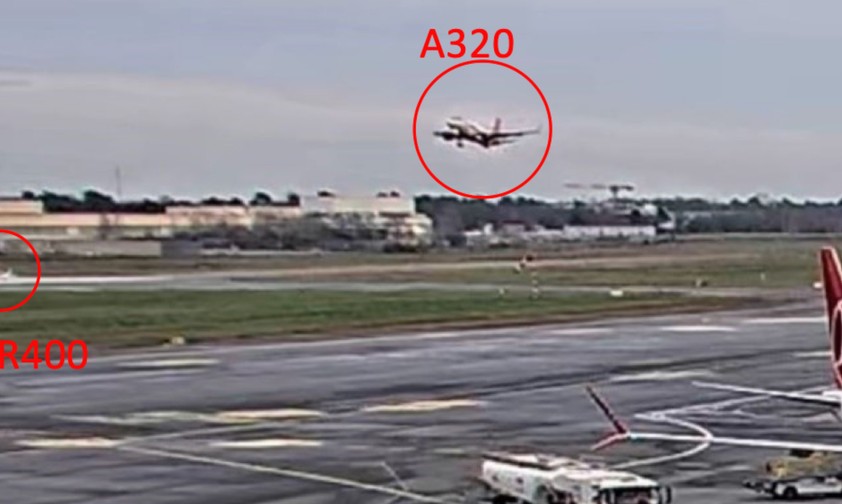 Aufnahme einer Sicherheitskamera: Der A320 wollte auf der Piste landen, auf der die Robin DR 400 stand: