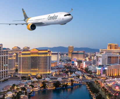 So ähnlich könnte ein Airbus A330-900 von Condor über Las Vegas aussehen: Die Stadt gehört zu den geplanten Zielen im Sommer 2022.