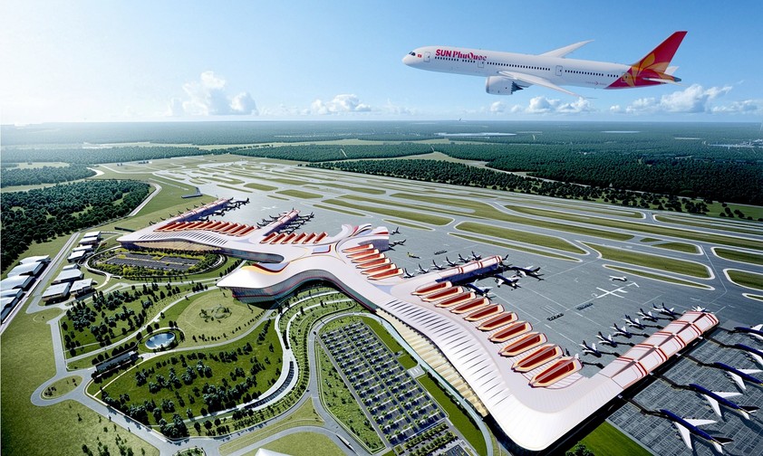 Boeing 787 von Sun Phu Quoc Airways über dem neuen Flughafen Phu Quoc (Computerskizze): Bald WIrklichkeit.