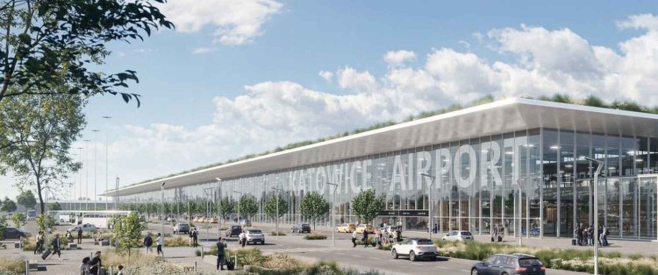 So soll das neue Passagierterminbal am Flughafen Katowice aussehen.