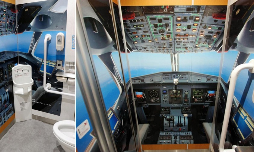 WC in Cockpit-Optik: Links der Blick in einen der Räume, rechts die Sicht von der Toilette aus.