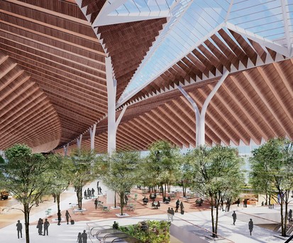 «Unter dem Rundbau entfaltet sich rund um das weitläufige Central Green ein lebendiges neues Viertel. Mit Pflanzen, Bäumen und bequemen Straßenmöbeln ist dies ein flexibler. Das Grün zieht sich durch die drei Zweige des Terminals und umrahmt Boulevards mit Restaurants, Geschäften und Einzelhandelsgeschäften, die zusammen an eine lebendige Straße in einem Chicagoer Viertel erinnern», so das Archtiekturbüro Studio Gang.