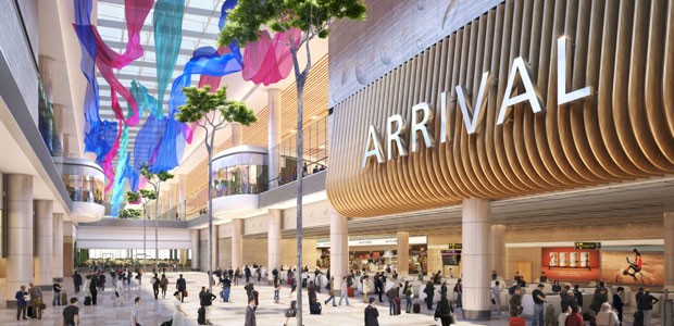 Changi Airport soll weiter wachsen: Die neue Ankunftshalle ist luftig gestaltet.