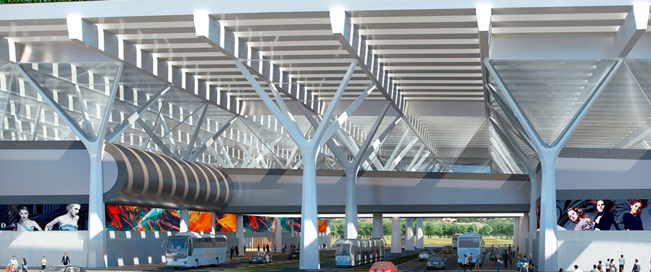 Vorschau auf das neue Terminal des Flughafens Florenz. Davor soll ein Dorfplatz entstehen, der per Straßenbahn mit dem Stadtzentrum verbunden ist.