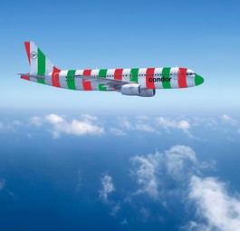 Airbus A320 von Condor in italienischen Nationalfarben (Montage): Der Ferienflieger fliegt innerhalb von Italien.