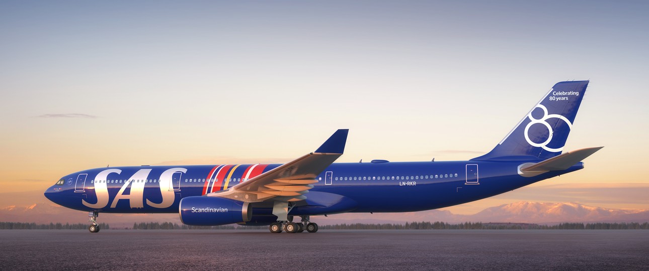 Der Airbus A330 von SAS in Sonderlackierung: Die Fluglinie wird 80 Jahre alt.