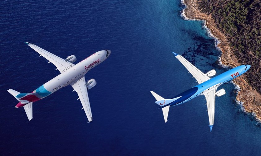 Flugzeuge von Eurowings und Tui über einer Küste (Montage): Urlaubsnachholfbedarf.