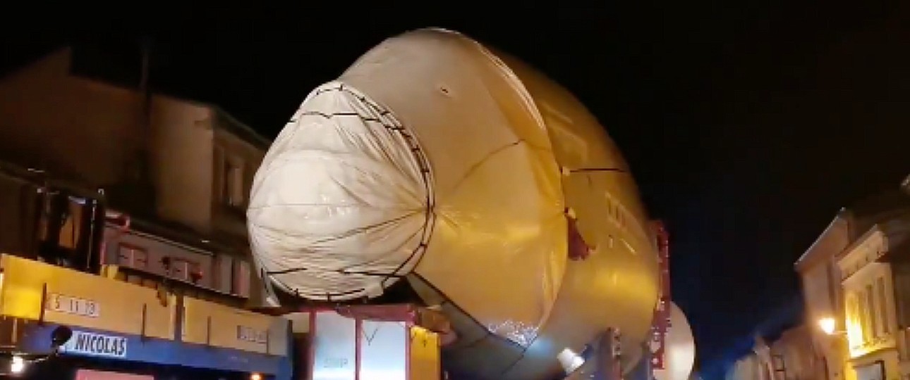 The nose section of an Airbus A380 rolls through a small town in the south of France.