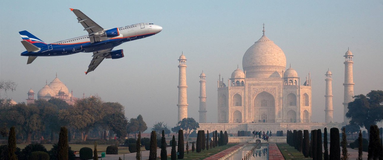 Airbus A320 von Aeroflot über dem Taj Mahal: Indien hat sich zum Umschlagplatz für westliche Ersatzteile entwickelt.