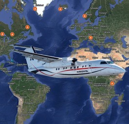 Eine Dash 8 von Air Kenya und die bisherigen Stopps der Auslieferungsroute: Kleiner Flieger, langer Weg.