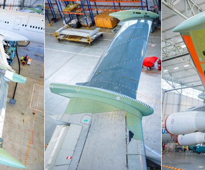 Flügel des umgebauten A340: Die äußeren Bereiche wurden durch Laminar-Konstruktionen ersetzt. Diese sind...