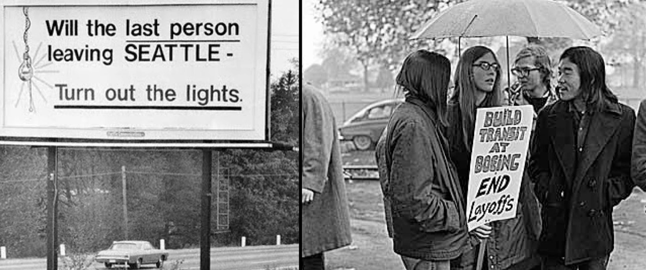 Die ikonische Werbetafel 1971 und Demonstranten: Es war Boeings erste große Krise.