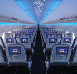 Die neue Kabine von Jetblue: Im A321 LR haben die Passagiere in der Economy Class 32 Zoll Beinfreiheit.