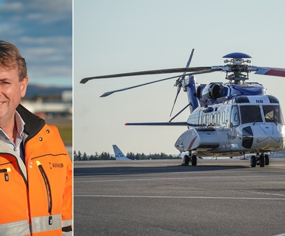 Flughafen-Bergen-Chef Helge Eidsnes und ein Hubschrauber: Wichtig für seinen Airport.