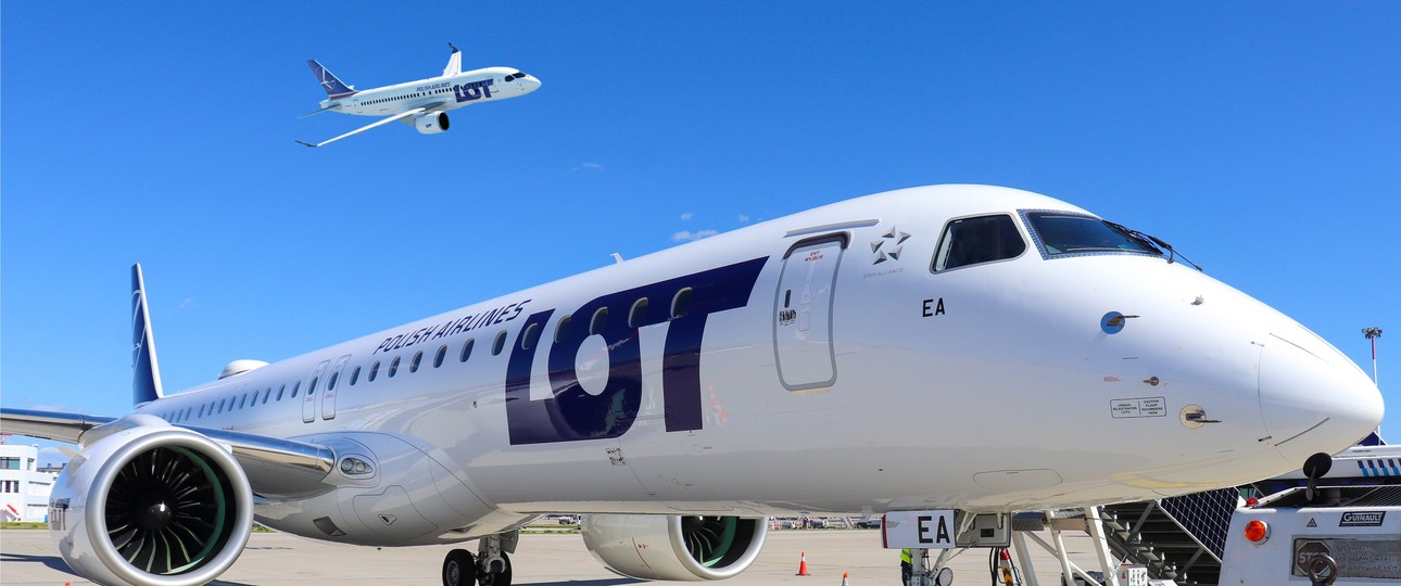 E2, die Lot mietet, und darüber ein A220 in Lot-Farben (Montage): Airbus kommt zum Zuge, Embraer nicht.