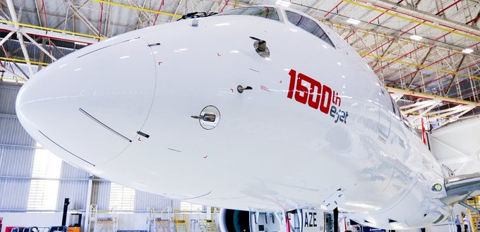 The aircraft is the 1600th E-Jet. And she shows it off.