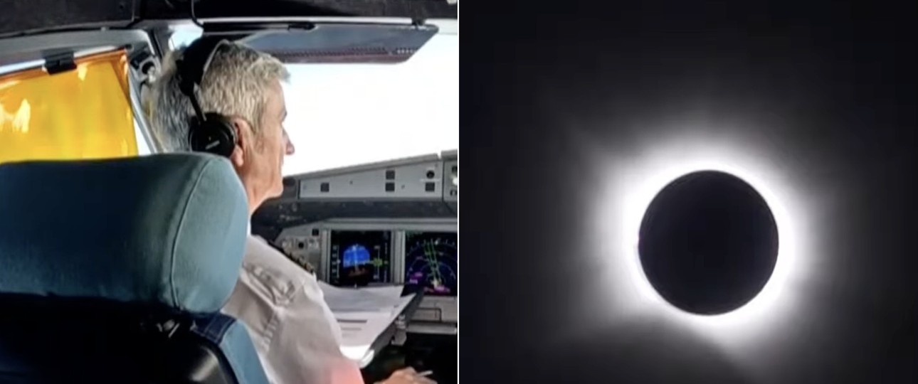 Blick ins Cockpit und Blick aus dem Flugzeug auf die Sonnenfinsternis: Bilder aus dem Video von Iberia.