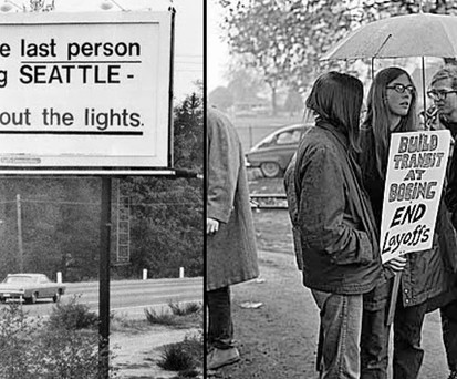 Die ikonische Werbetafel 1971 und Demonstranten: Es war Boeings erste große Krise.