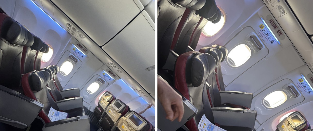 Sitzreihen in einer 737 von batik Air: Die Reihe ist beim Start nach hinten gekippt.