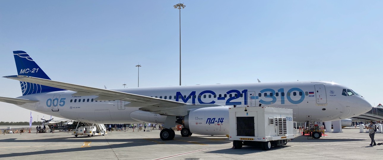 Irkut MS-21-310, hier zu sehen in Dubai: Angetrieben vom russischen PD-14.