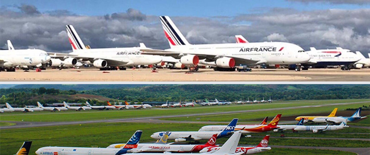 Parked aircraft in Teruel (top) and Tarbes: Over 40 new airplanes in two weeks.